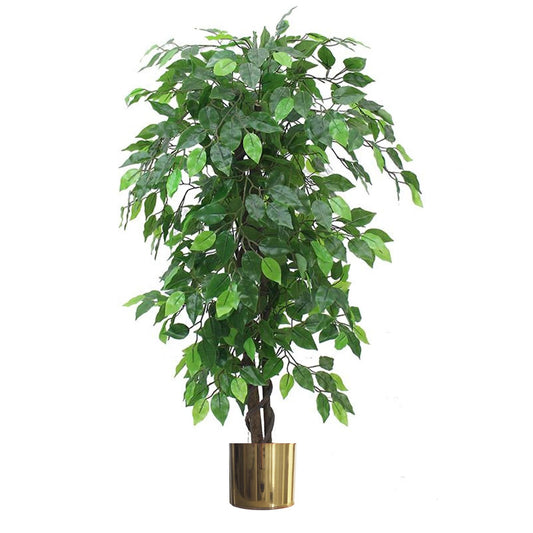Artificial Ficus Tree Plant Green Bushy Ficus 120cm Gold Metal Planter-0